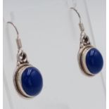 A Pair of Sterling Silver and Lapis Lazuli Cabochon Earrings. 3.4cm Drop. Set with 1.3cm Lapis