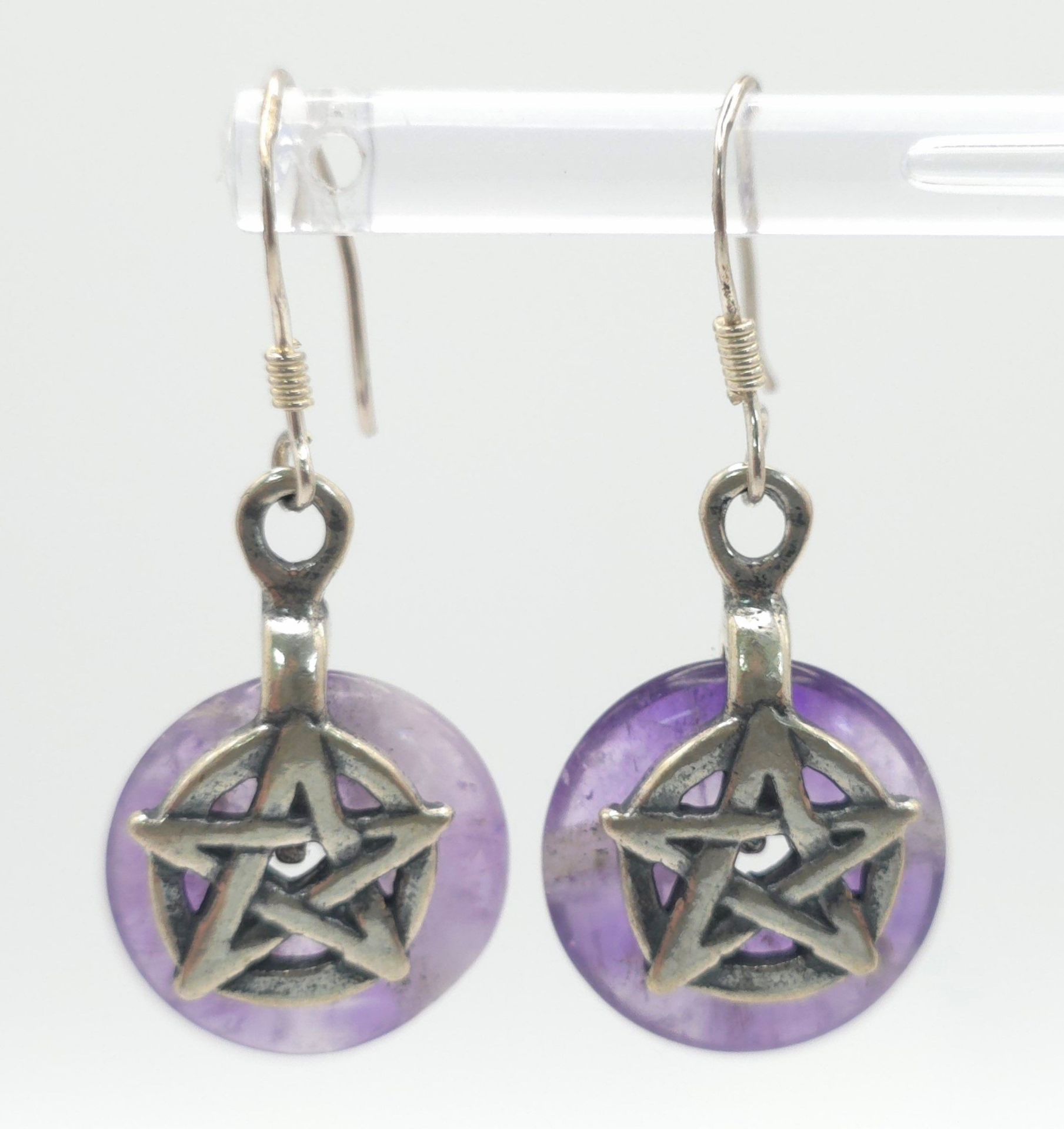 A Pair of Sterling Silver and Amethyst Pentacle Earrings. 3cm Drop. Set with 1.5cm Round Wheel - Image 2 of 5