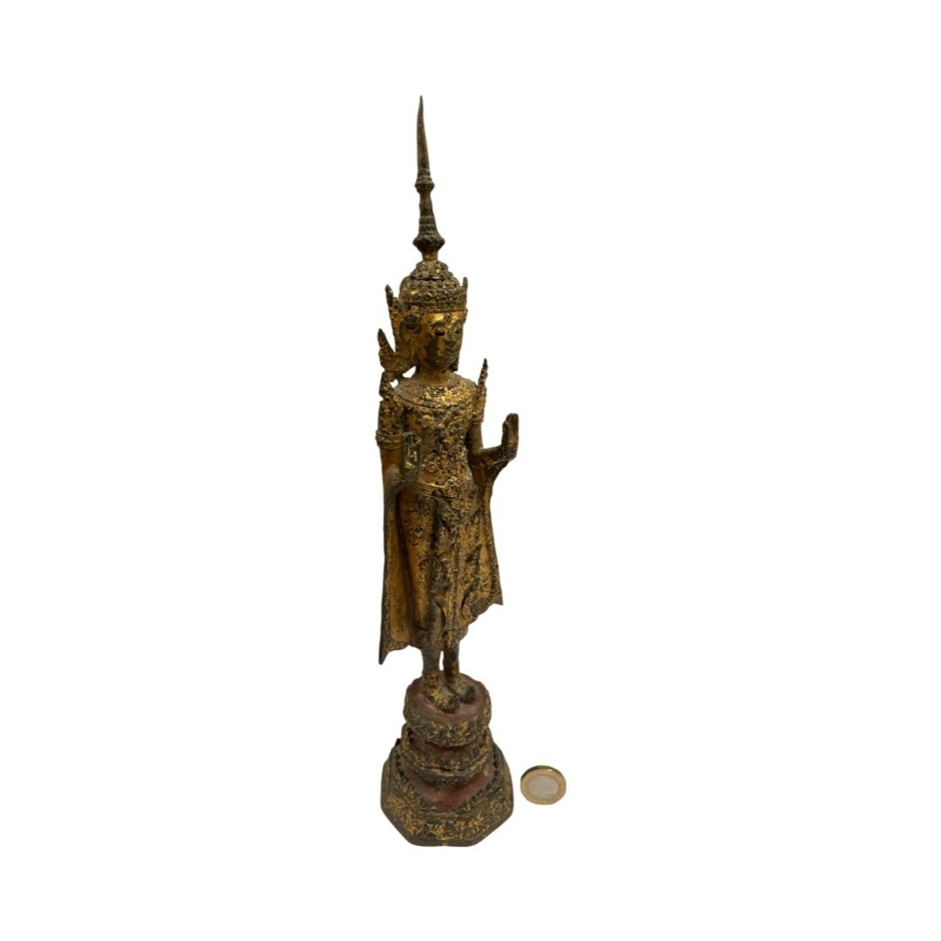 An Antique 18th / 19th century Thai gilt bronze Buddha in royal dress . 13 inch tall . - Bild 2 aus 2