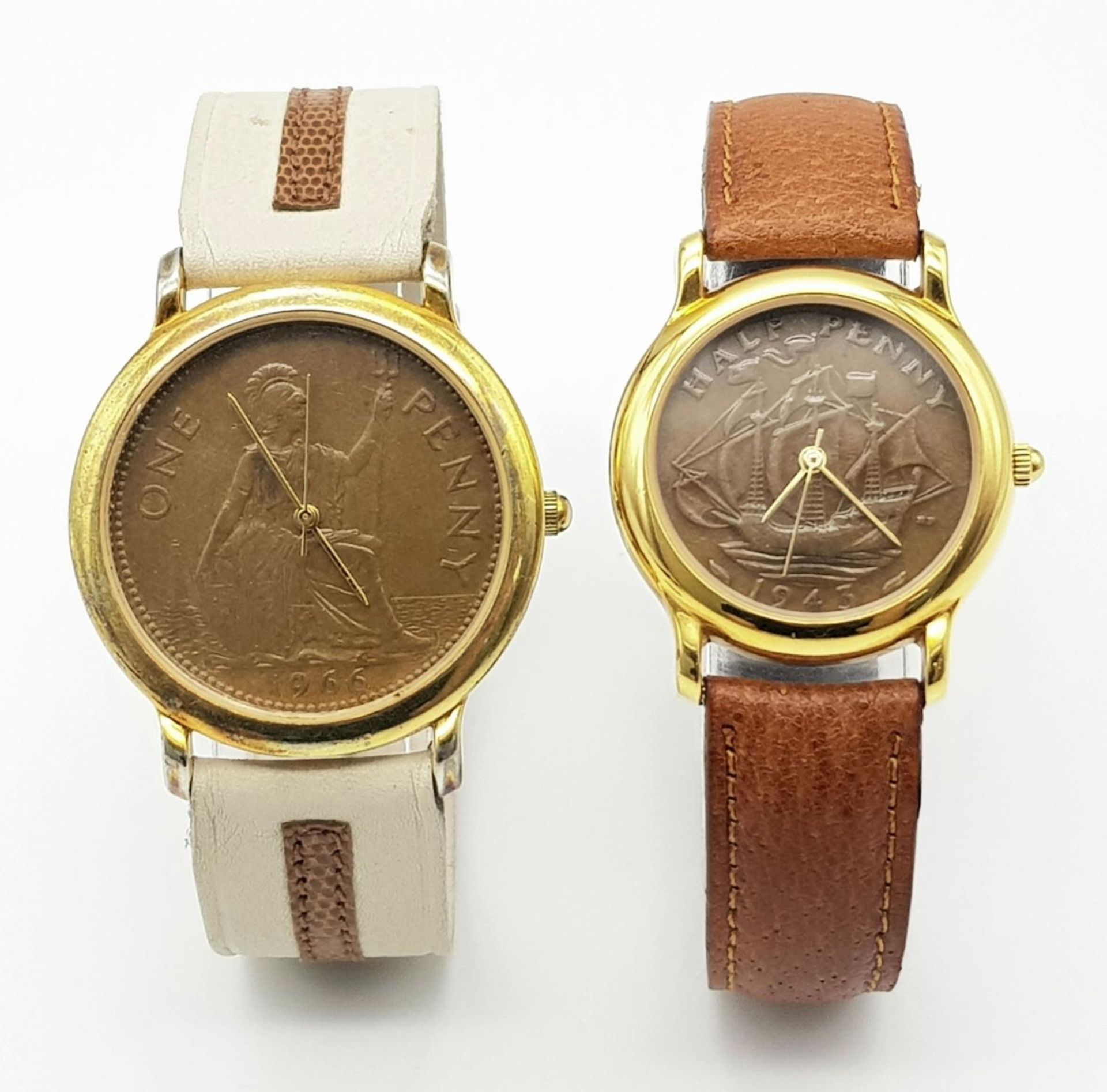 Two Vintage Coin Quartz Watches - 1966 penny - 36mm and 1943 Half Penny - 30mm. Both in working - Bild 2 aus 6