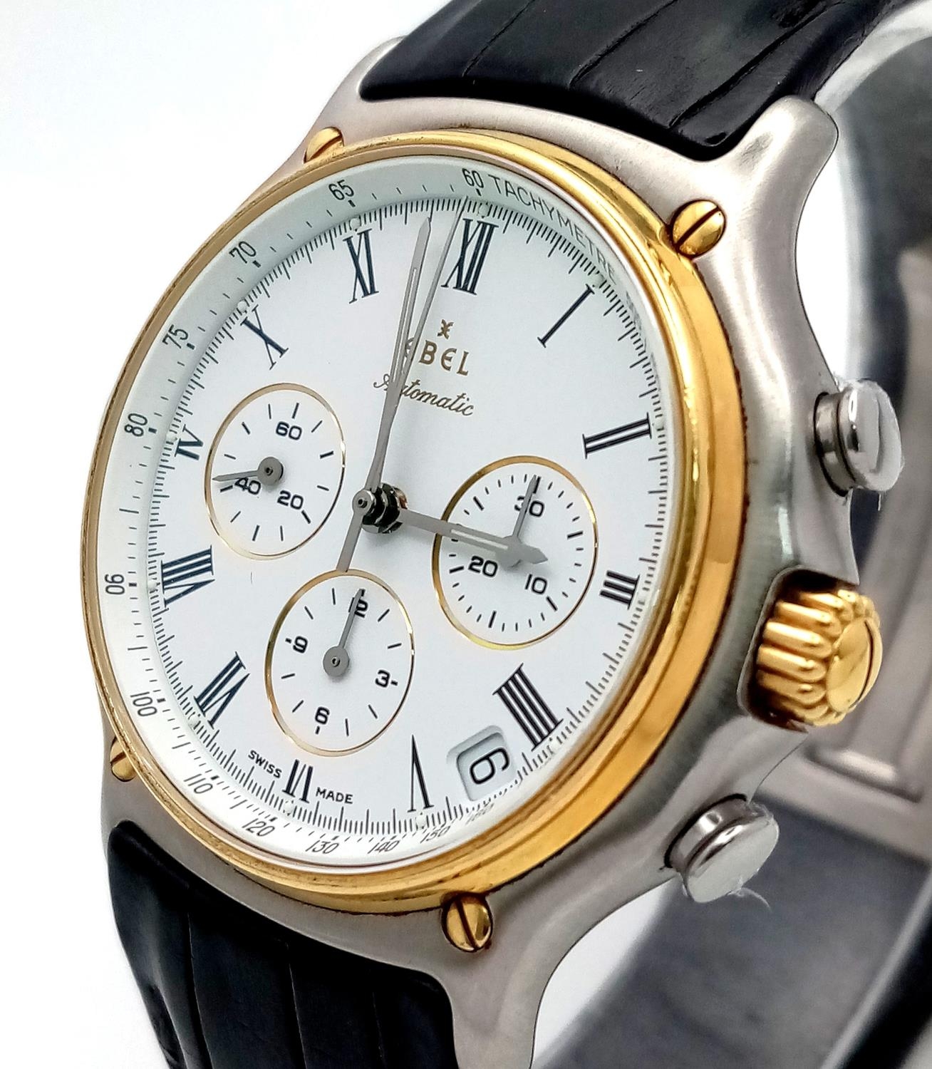 An Ebel Automatic Chronograph Gents Watch. Black leather strap. Two tone case - 38mm. White dial - Image 2 of 8