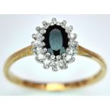 A 9K YELLOW GOLD DIAMOND & SAPPHIRE CLUSTER RING 1.8G SIZE O. ref: SPAS 9022