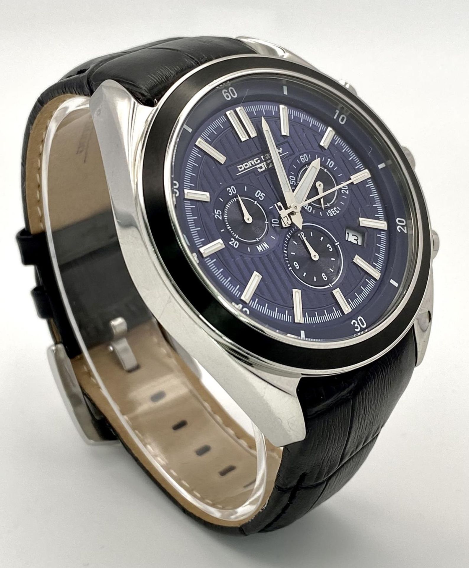 A Jorg Gray Chronograph Gents Watch. Black leather strap. Stainless steel case - 45mm. Blue dial - Image 4 of 8