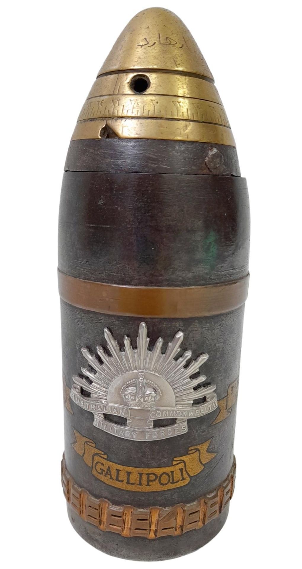 Inert WW1 Ottoman (Turkish) 75mm shrapnel shell projectile Gallipoli Memento. Silver Australian