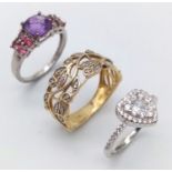 Three 925 Silver Different Style Stone Set Rings. Sizes: S, N and R.