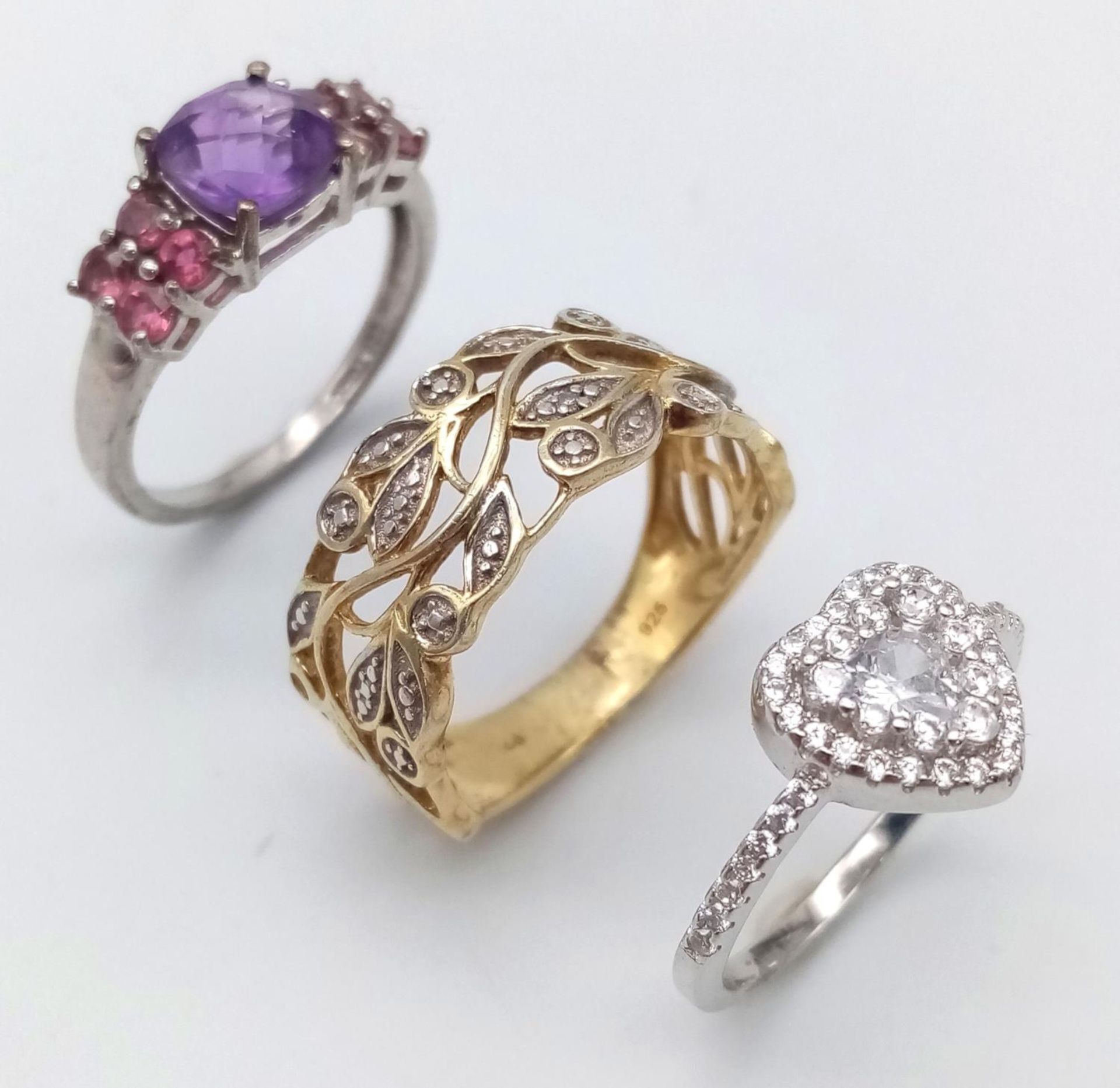 Three 925 Silver Different Style Stone Set Rings. Sizes: S, N and R.