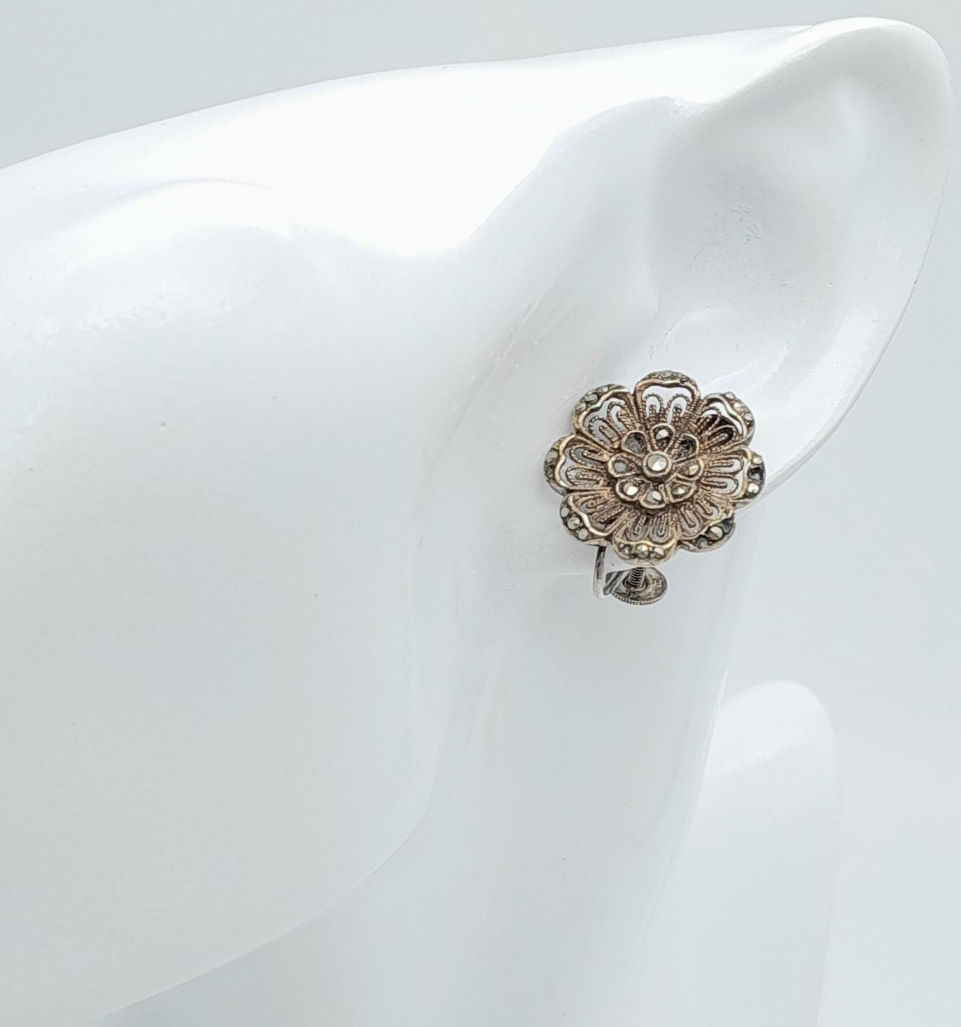 A Pair of Silver Filigree Marcasite Screw Clip Earrings. 19mm diameter, 6g total weight. - Image 5 of 5