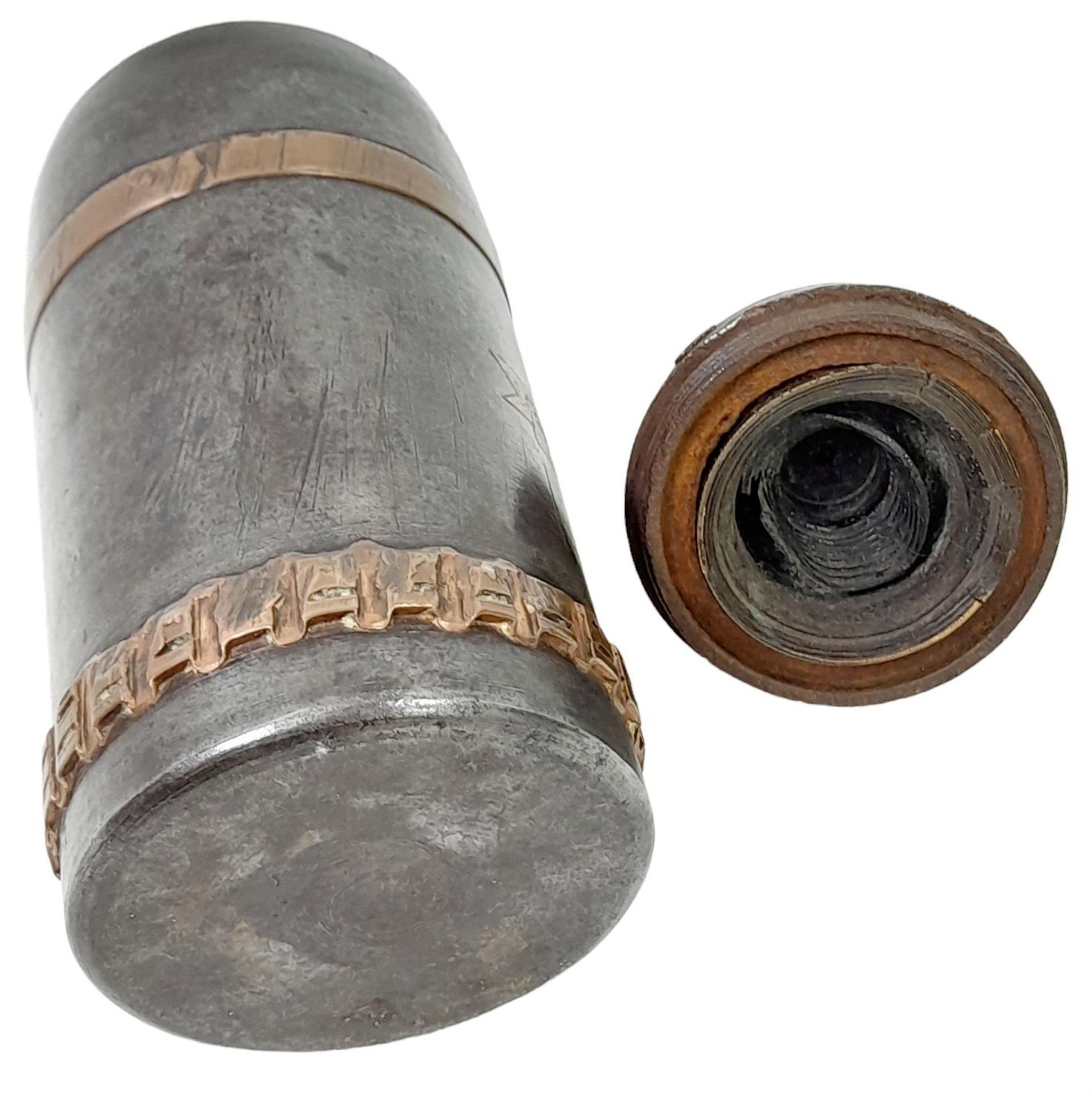 Inert WW1 Ottoman (Turkish) 75mm shrapnel shell projectile Gallipoli Memento. Silver Australian - Image 3 of 5