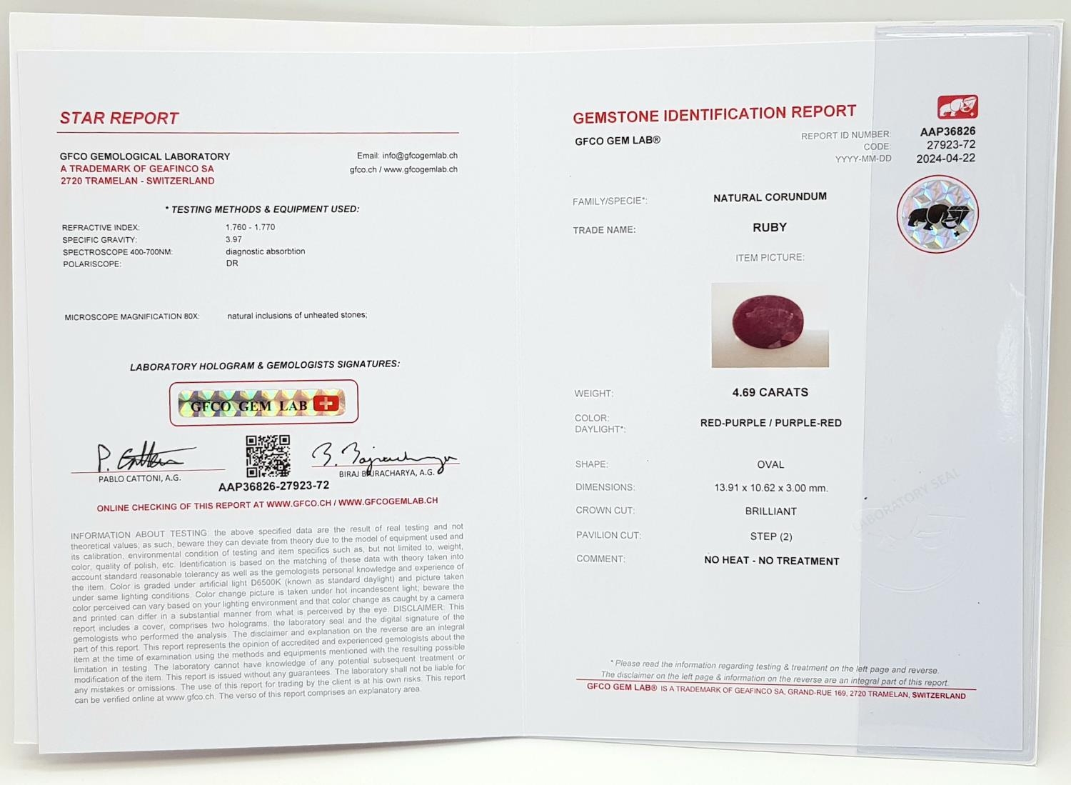 A 4.69ct Untreated Ruby - GFCO Swiss Certified. - Image 5 of 5