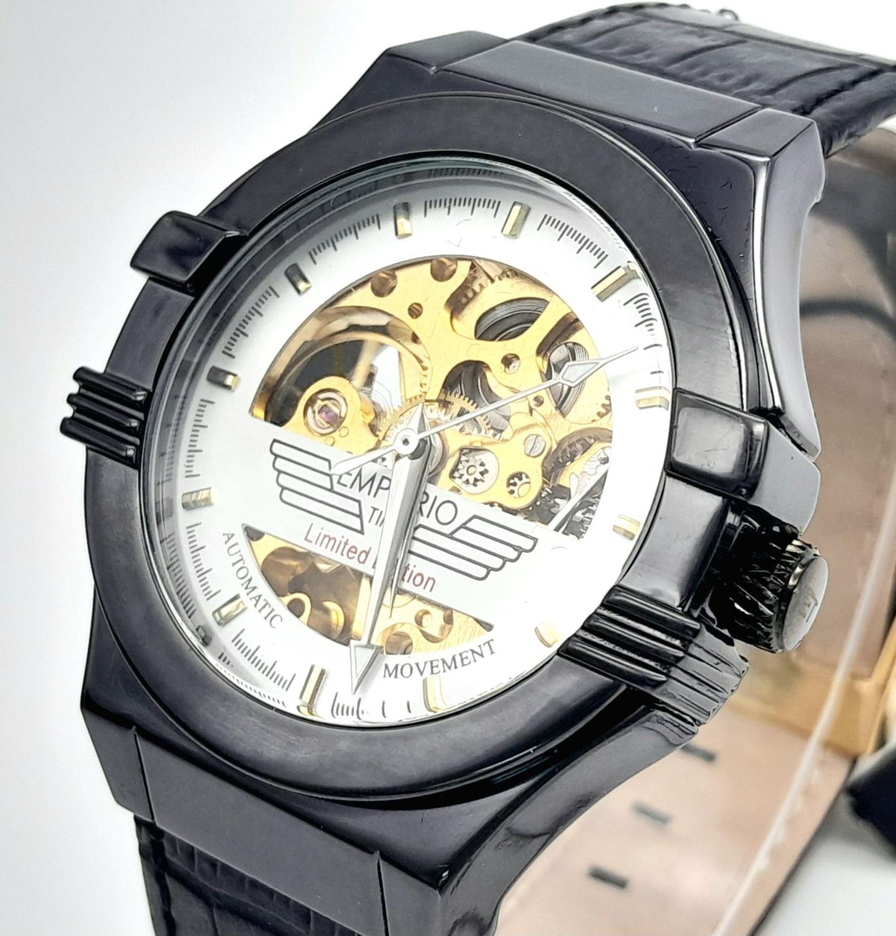 An Emporio Time Limited Edition Automatic Skeleton Gents Watch. Black leather strap. Stainless steel - Image 3 of 8