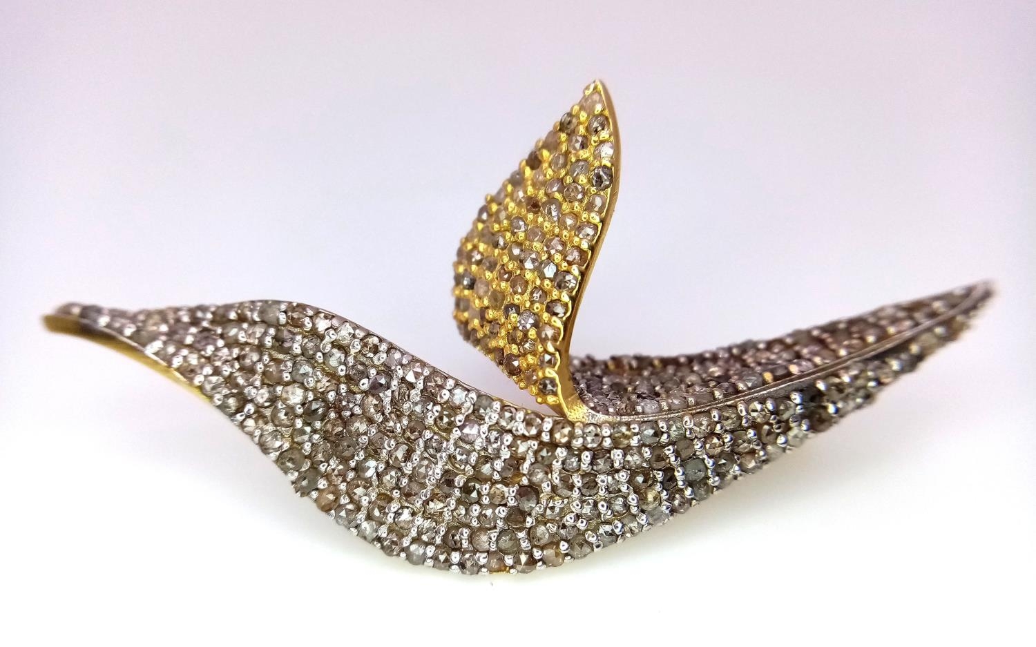 A Diamond Two Tone Leaf Cluster Brooch with 2ctw of Diamonds. Set in 925 Silver. 6g total weight.
