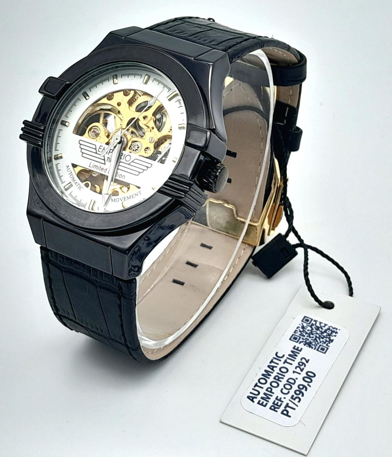 An Emporio Time Limited Edition Automatic Skeleton Gents Watch. Black leather strap. Stainless steel