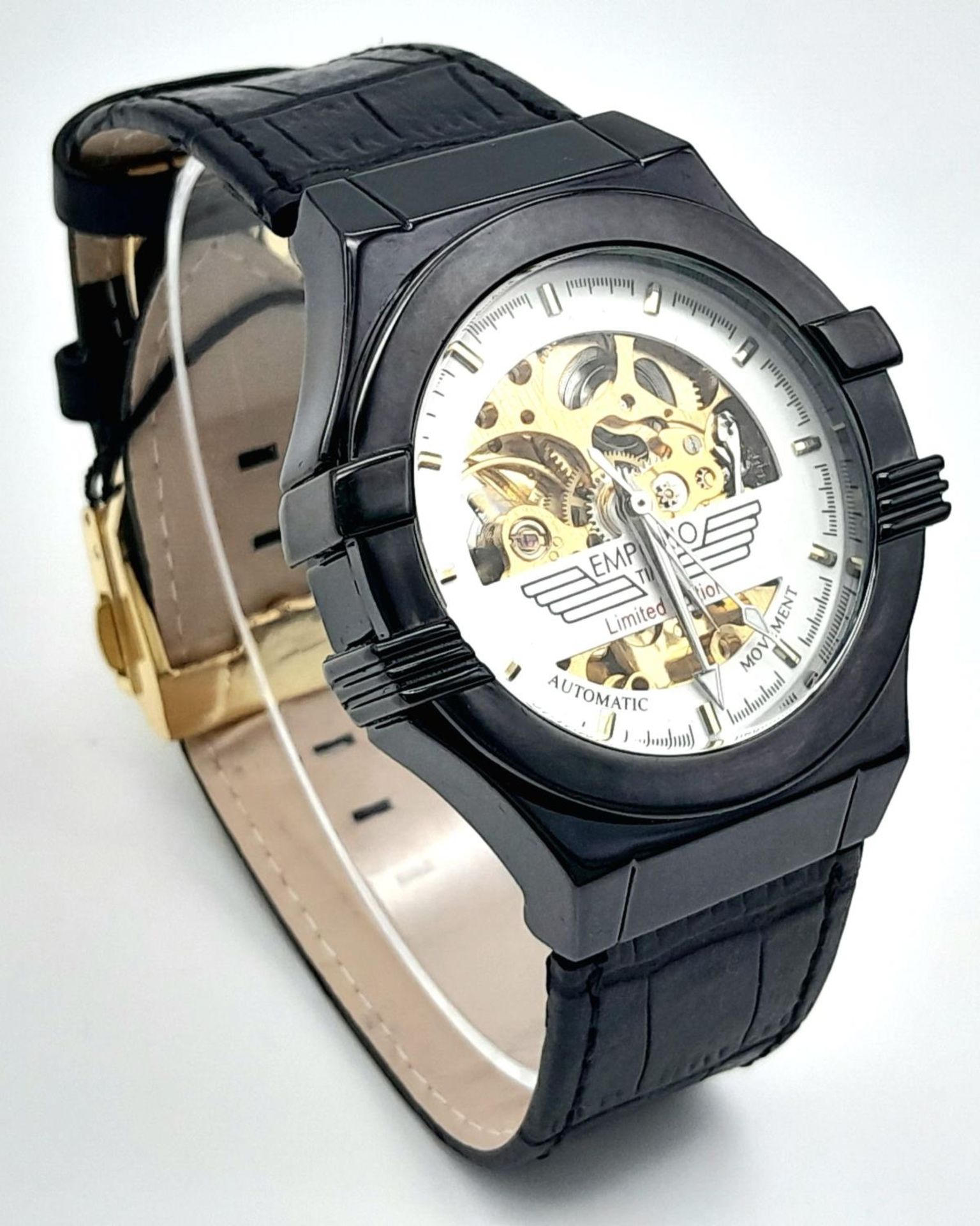 An Emporio Time Limited Edition Automatic Skeleton Gents Watch. Black leather strap. Stainless steel - Image 2 of 8