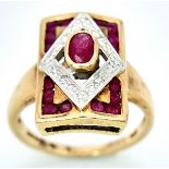 A 9K YELLOW GOLD VINTAGE DIAMOND & RUBY RING. Size M, 4.3g total weight. Ref: SC 8037