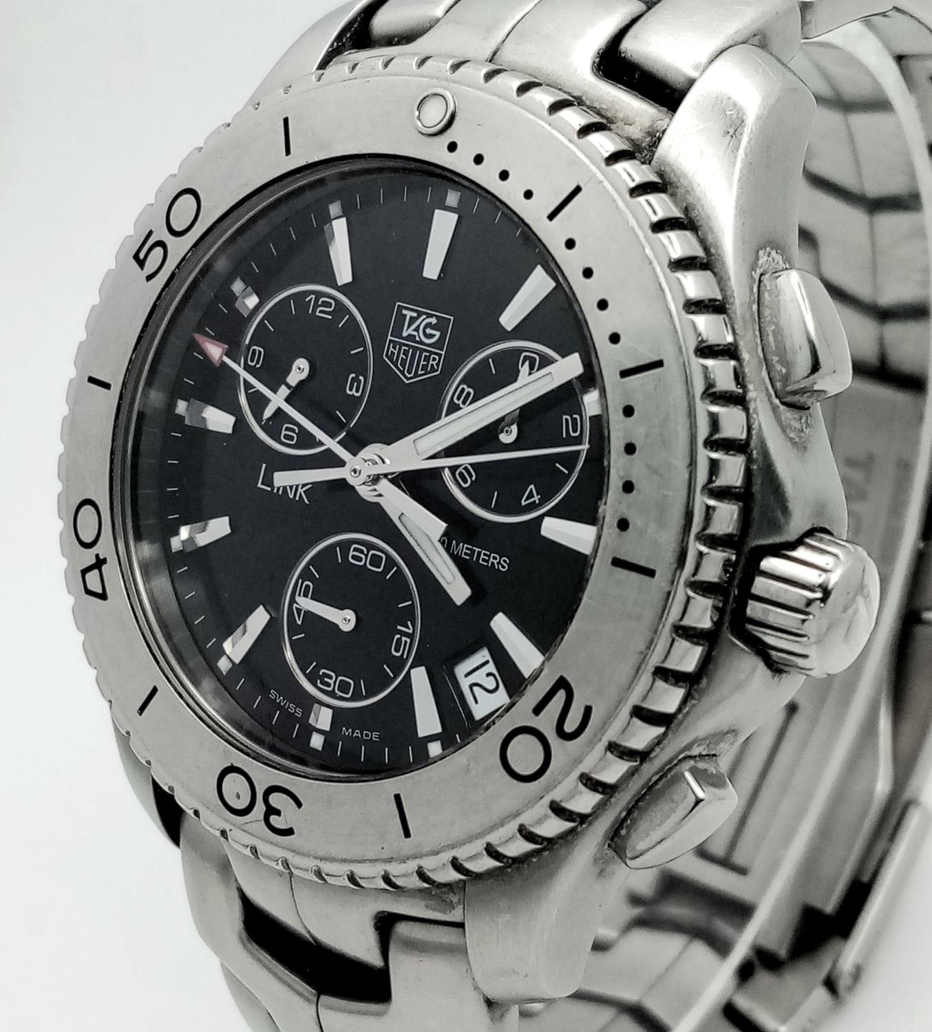 A Tag Heuer Link Quartz Chronograph Gents Watch. Stainless steel bracelet and case - 42mm. Black - Image 2 of 8