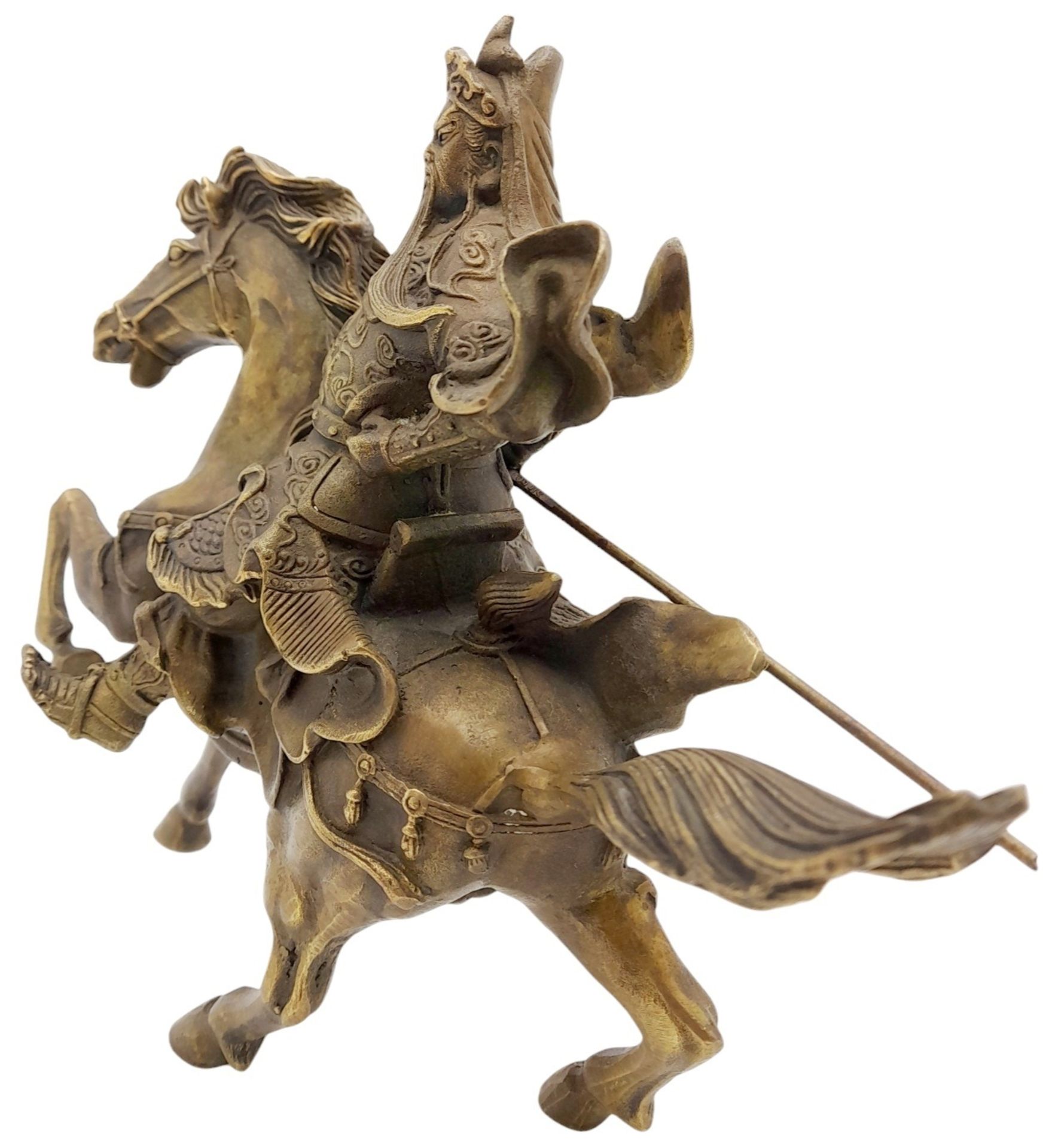 A Vintage Chinese Copper Guan Gong (God of war and wealth) on Horseback Statue. 23cm x 19cm tall. - Image 2 of 6