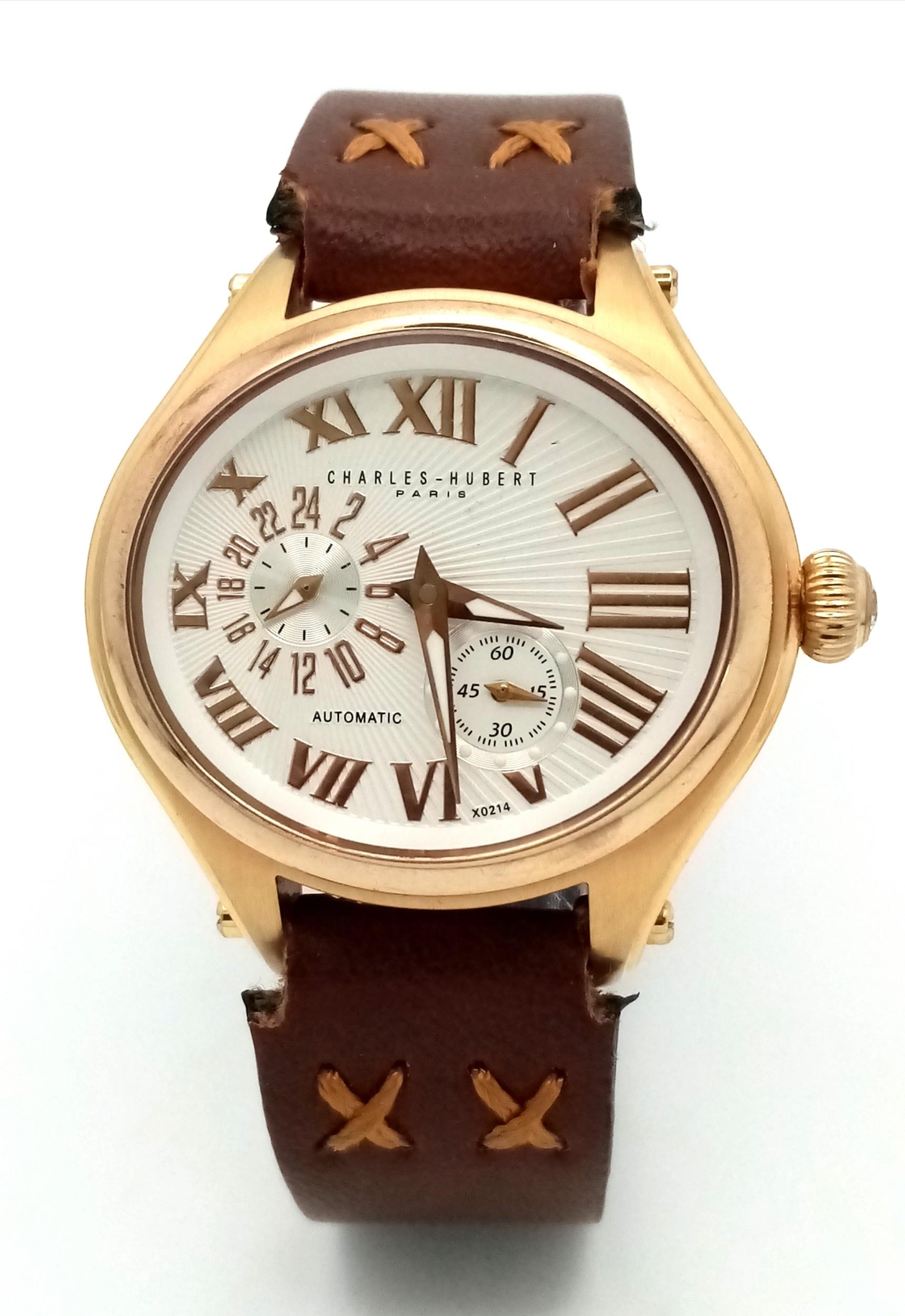 A Charles Hubert Automatic Gents Watch. Brown leather strap. Oval gilded case - 38mm. White dial - Image 2 of 5