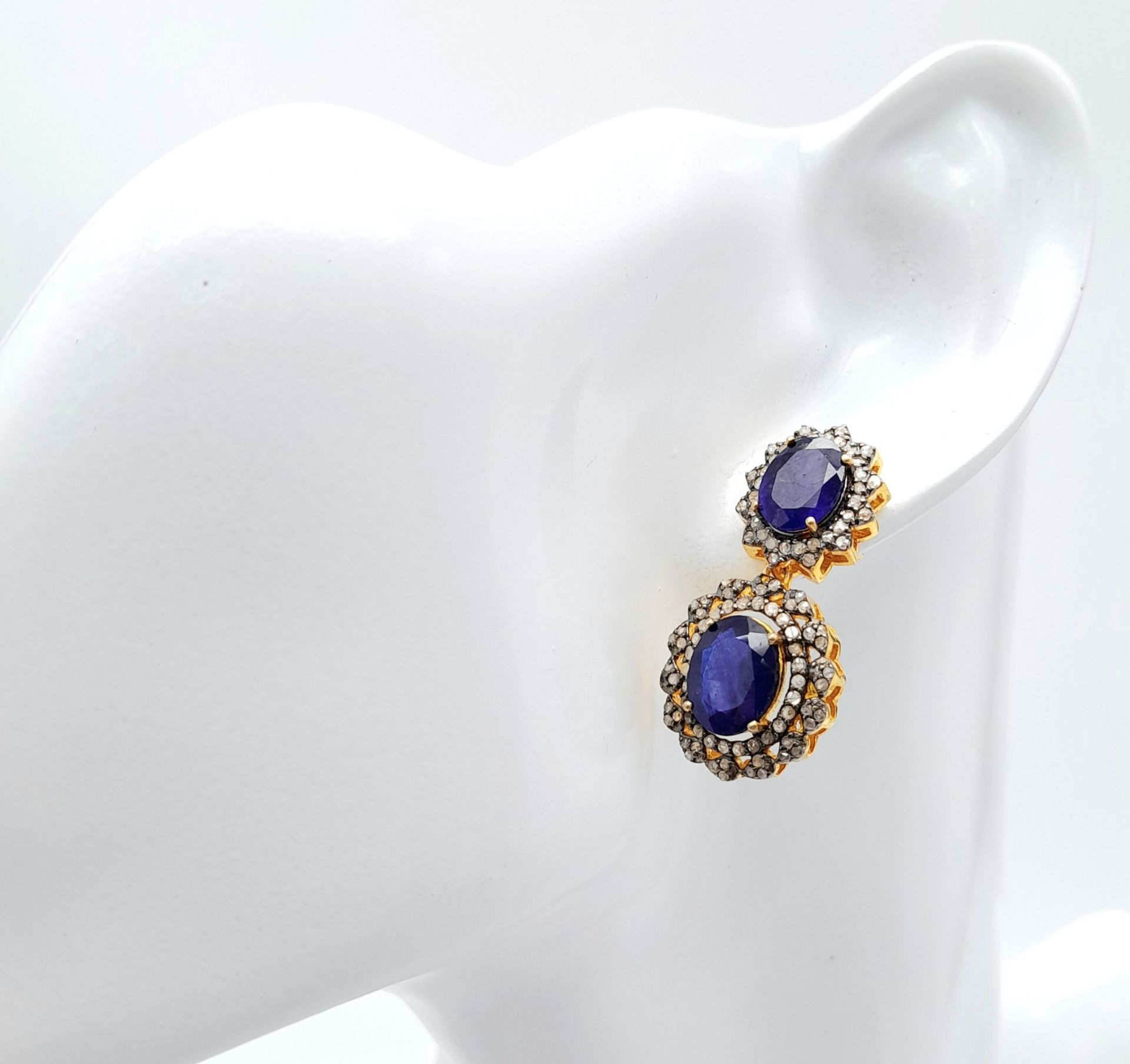 A Pair of Blue Sapphire Gemstone Drop Earrings with Diamond Surrounds. Set in gilded 925 Silver. - Image 4 of 5
