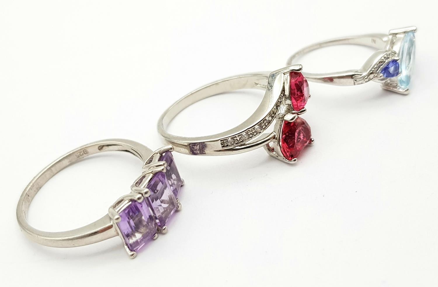 Three 925 Silver Different Style Stone Set Rings. Sizes: 2 X T, 1 x N. - Image 3 of 5