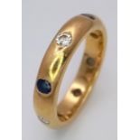 A 18K YELLOW GOLD DIAMOND & SAPPHIRE SET BAND RING 0.20CT DIAMONDS & 0.25CT SAPPHIRES 5.5G SIZE K.