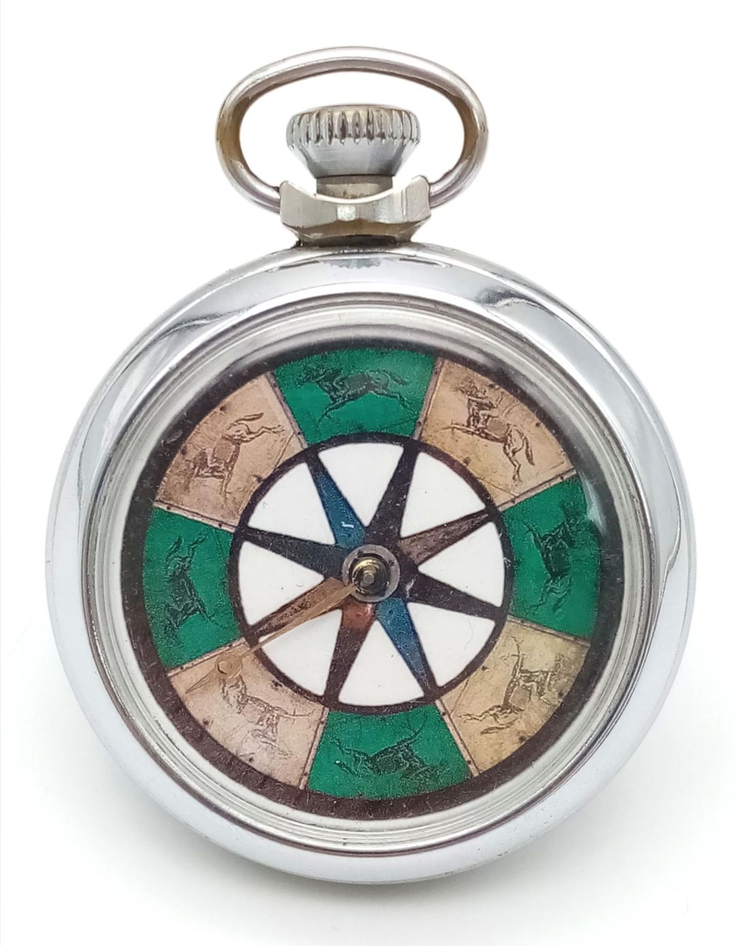 A Vintage Horse Racing Pocket Watch Game. Top winder. 5cm diameter. In working order.