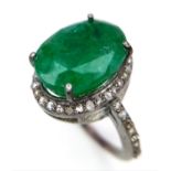 A 6.35ct Emerald Gemstone Ring with 0.50ctw of Diamond Accents. Set in 925 Silver. Size O. Ref: CD-