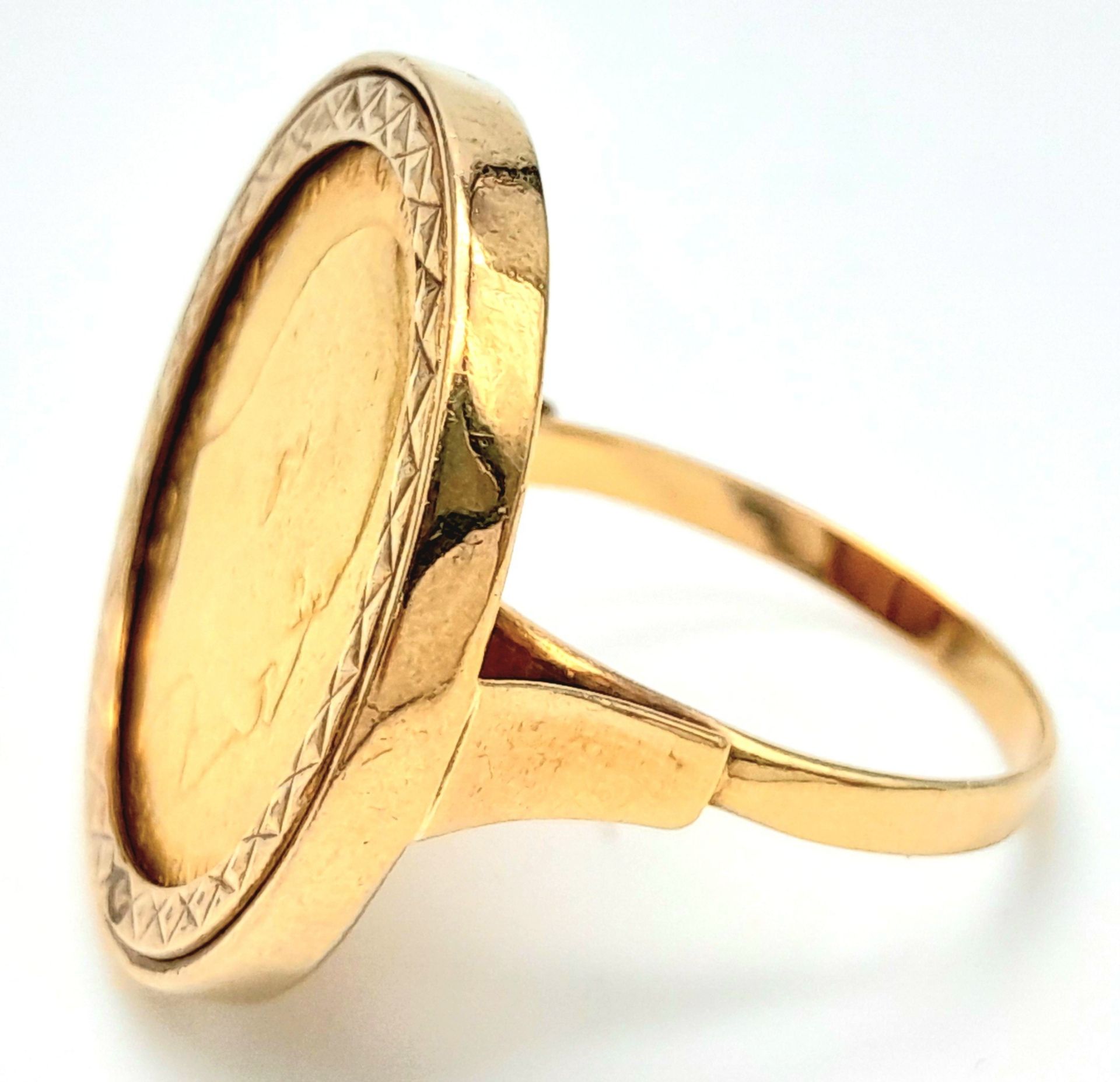 A 9 K yellow gold ring with a full 1902 sovereign which is not welded to the ring and can easily - Image 5 of 7