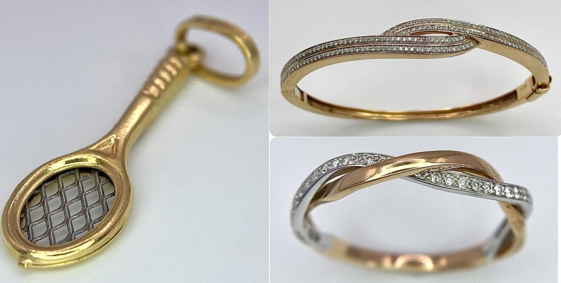 A job lot of three 18 K yellow gold items, consisting of a diamond bangle with an elegant cross over
