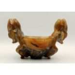 A Vintage Hand-Carved Chinese Agate Bowl with Two Ornate Men/Fish Decoration. 16 x 10cm.