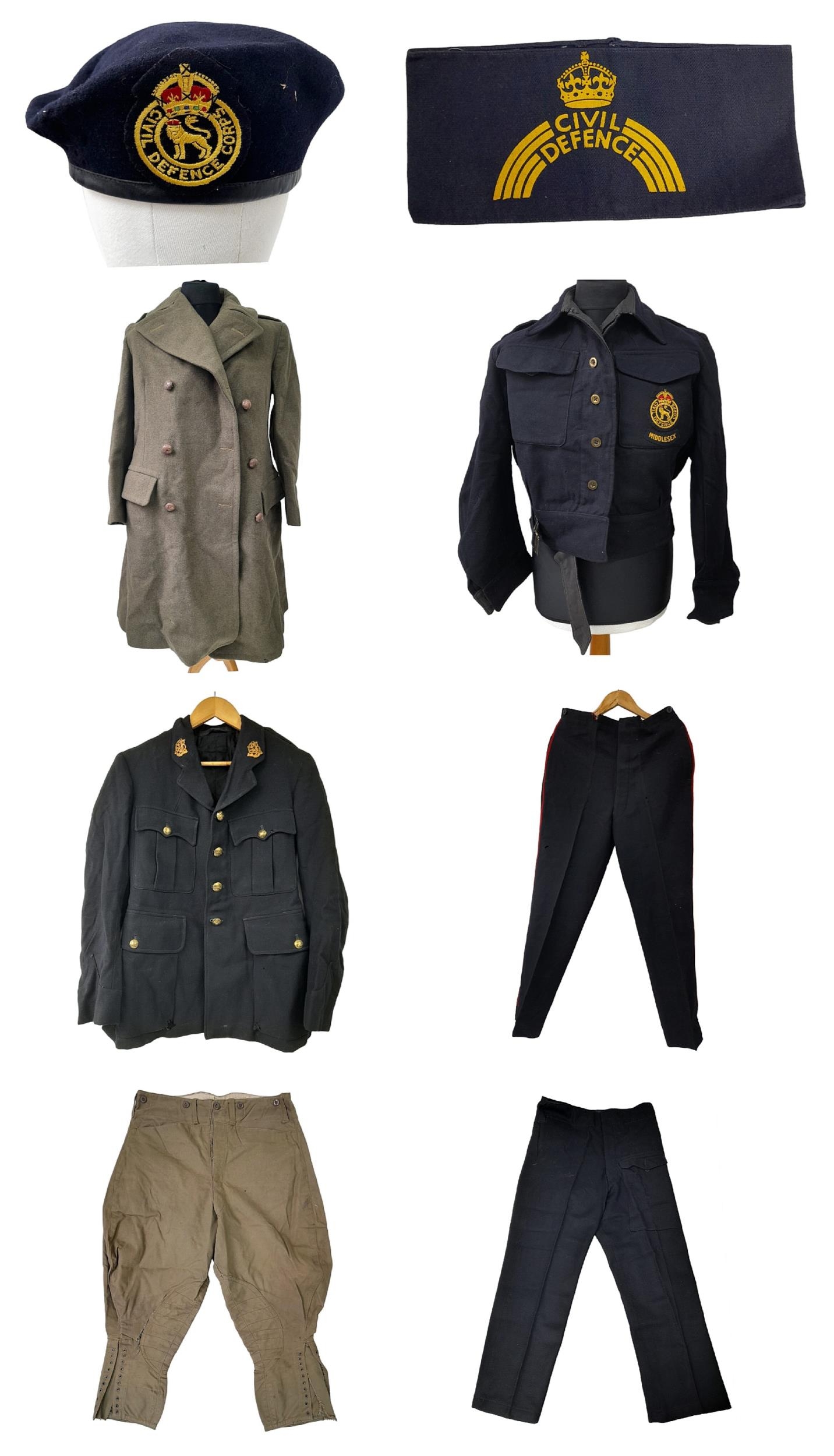 A Selection of Civil Defence WW2 Uniforms and Coat. Includes Churchill cadet tunic.