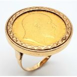 A 9 K yellow gold ring with a full 1902 sovereign which is not welded to the ring and can easily