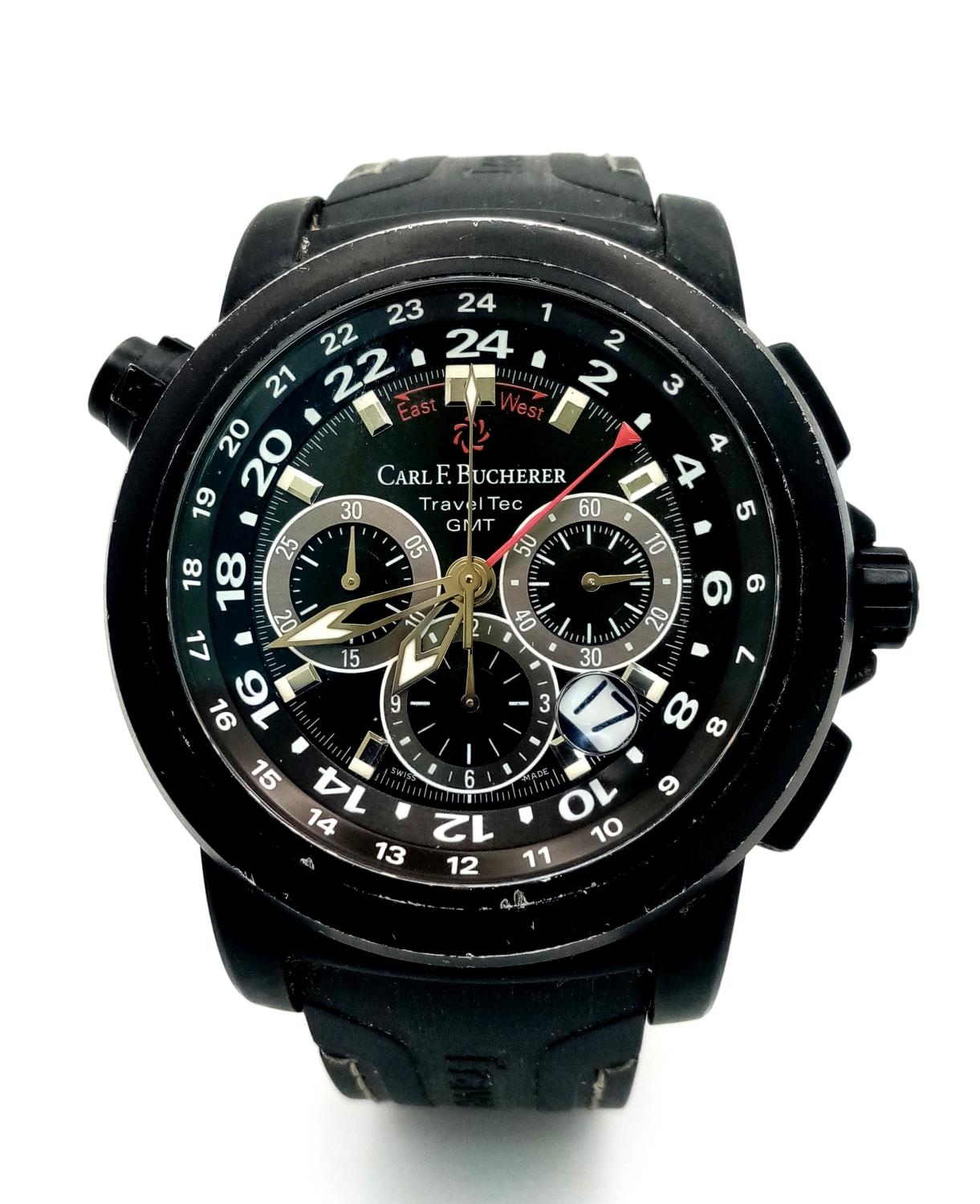 A Carl F. Bucherer Travel Tec GMT Chronograph Automatic Gents Watch. Black vulcanised rubber - Image 2 of 9