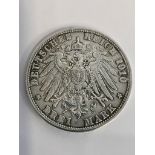 1910 GERMAN SILVER 3 MARK COIN. Rare STUTTGART MINT. WILLHELM II. Very fine/extra fine condition.