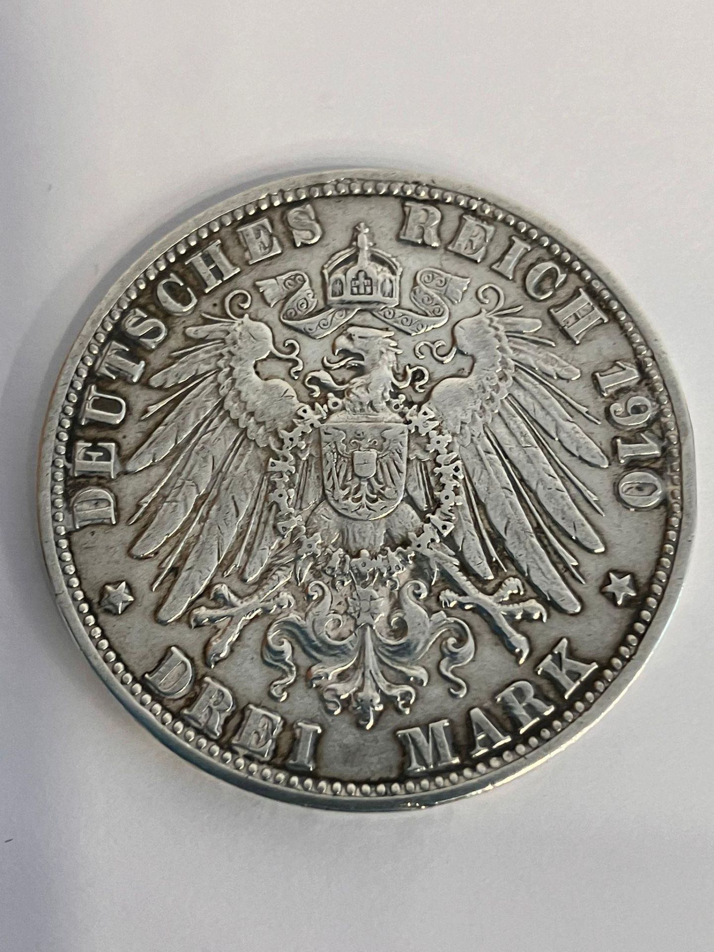 1910 GERMAN SILVER 3 MARK COIN. Rare STUTTGART MINT. WILLHELM II. Very fine/extra fine condition.