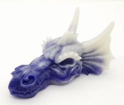 A Carved Stone Blue and White Chinese Dragon-Head Figure or Paperweight. 9cm x 5cm.
