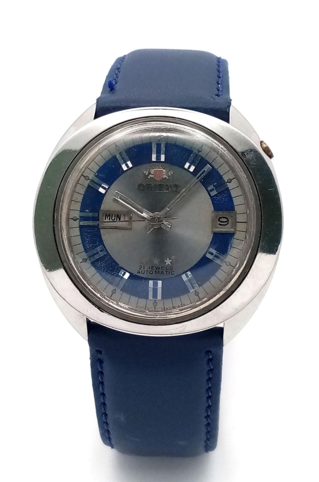 A Vintage Orient 21 Jewels Automatic Gents Watch. Blue leather strap. Stainless steel case - 40mm. - Bild 2 aus 6