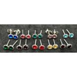 10 PAIRS OF STERLING SILVER STONE SET STUD EARRINGS WITH 2 PAIRS OF SILVER BUTTERFLY BACKS 2.8G.