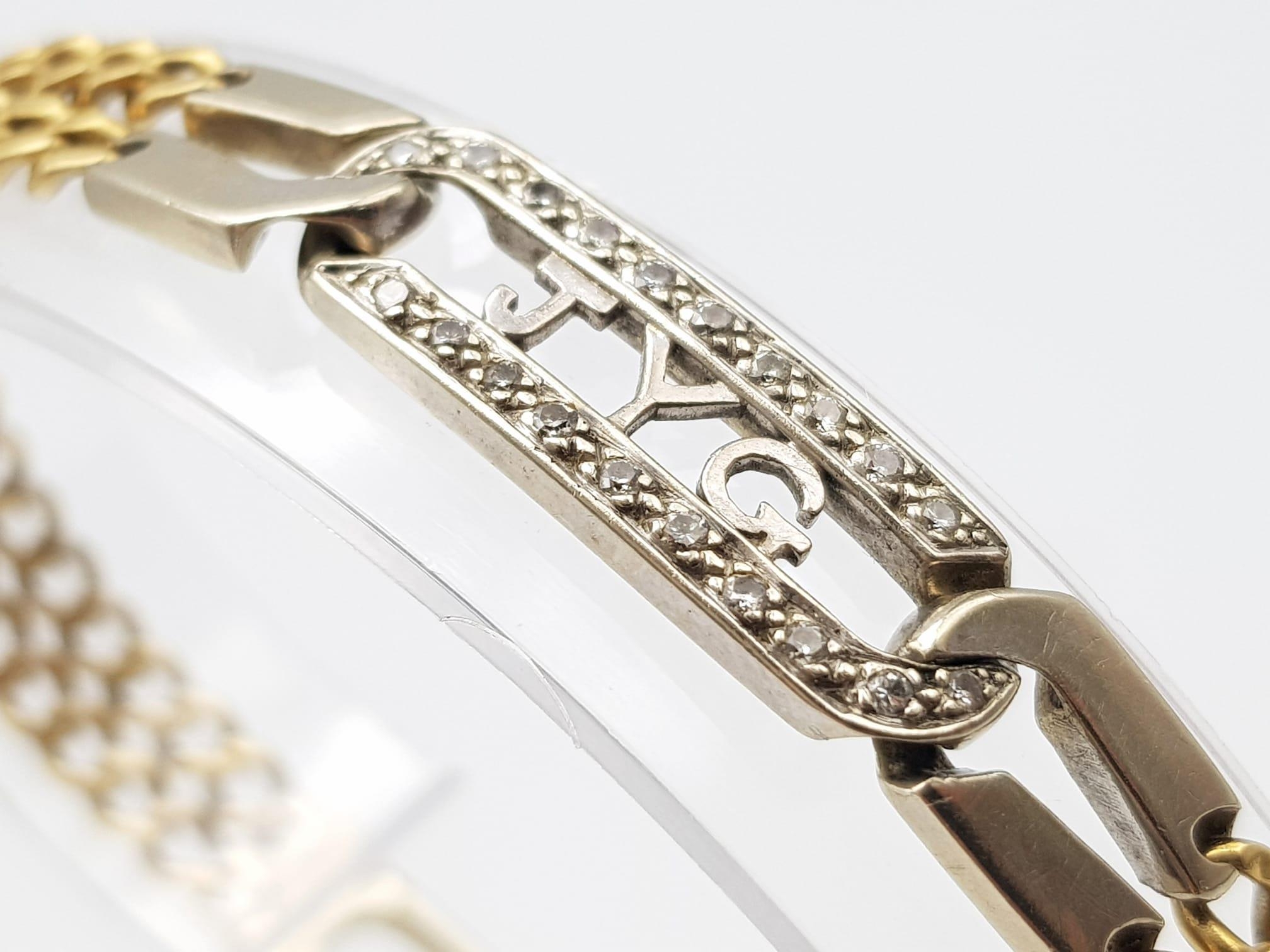 An 18K Yellow and White gold Diamond Bracelet. A double row of flat yellow gold curb links connect - Image 3 of 8