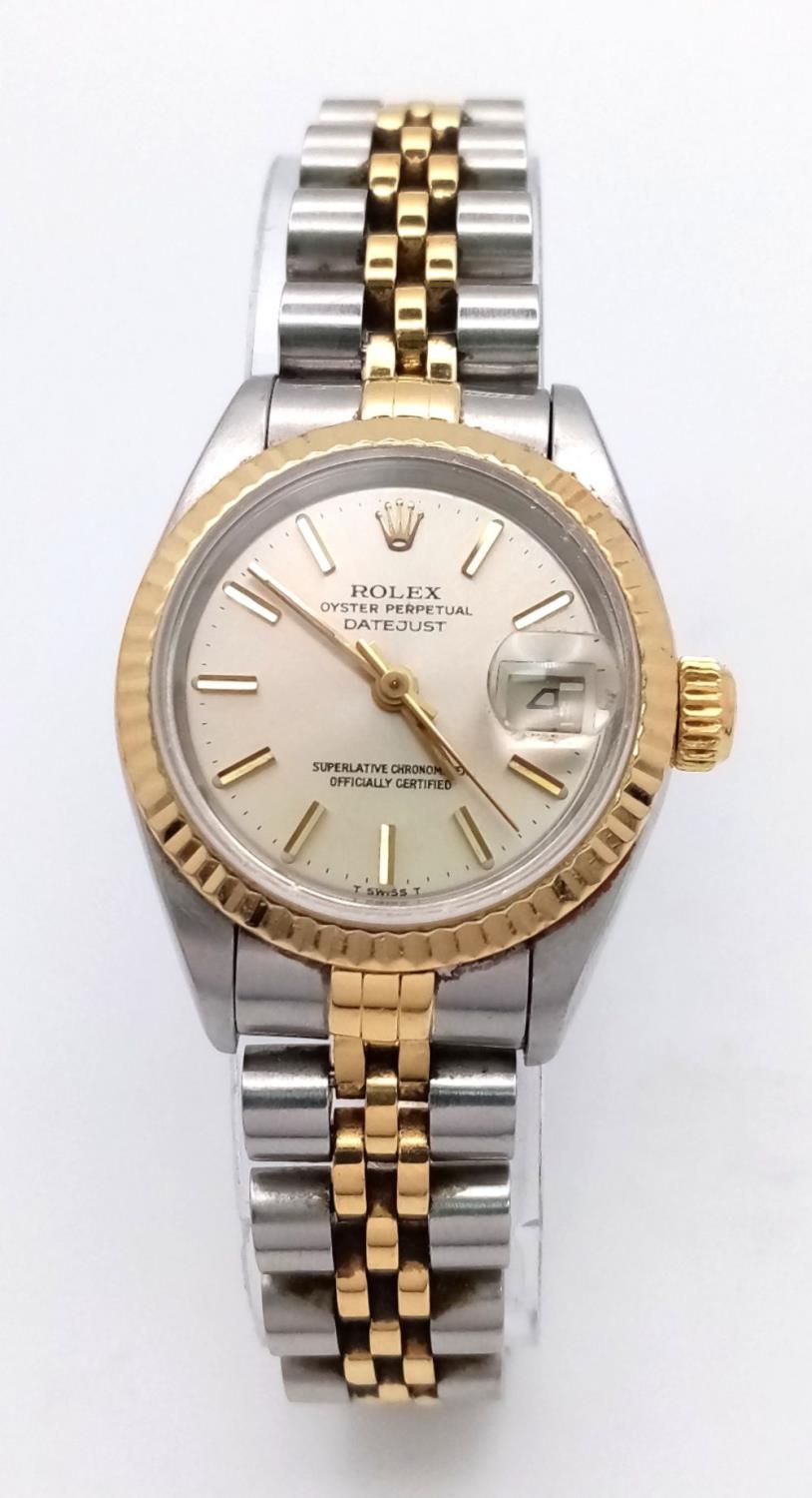 A ROLEX LADIES OYSTER PERPETUAL DATEJUST IN BI-METAL,CHAMPAGNE DIAL IN ORIGINAL BOX WITH WCSA REPORT - Image 2 of 13