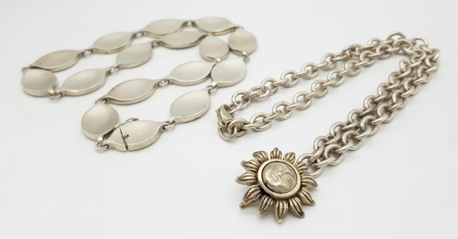 Two Different Style Sterling Silver Necklaces. Belcher Sun-king - 40cm and an oval link - 40cm. 119g