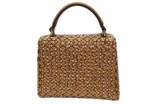 A Valentino Gold Mini VSLING Bag. Woven leather and stone embellished exterior with gold-toned - Image 7 of 8