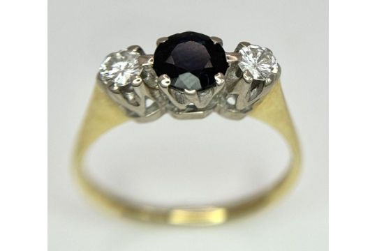 AN 18K Yellow Gold Sapphire and Diamond Trilogy Ring. Size N - O. 3.3g total weight. - Image 1 of 7