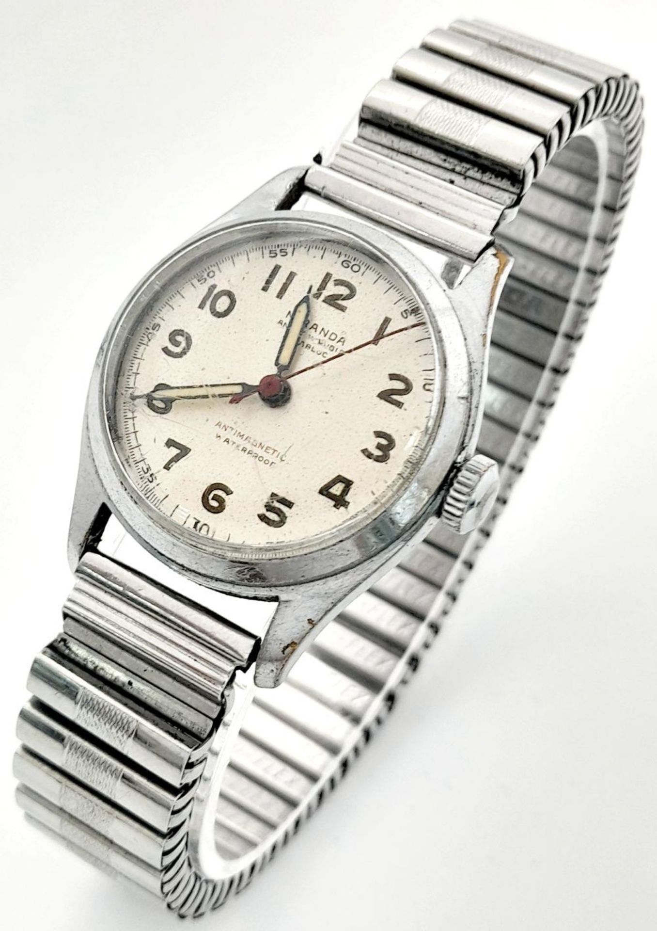 A Vintage Men’s Anti-magnetic, Stainless Steel, Military Design Watch by Miranda. 17 Jewel Manual