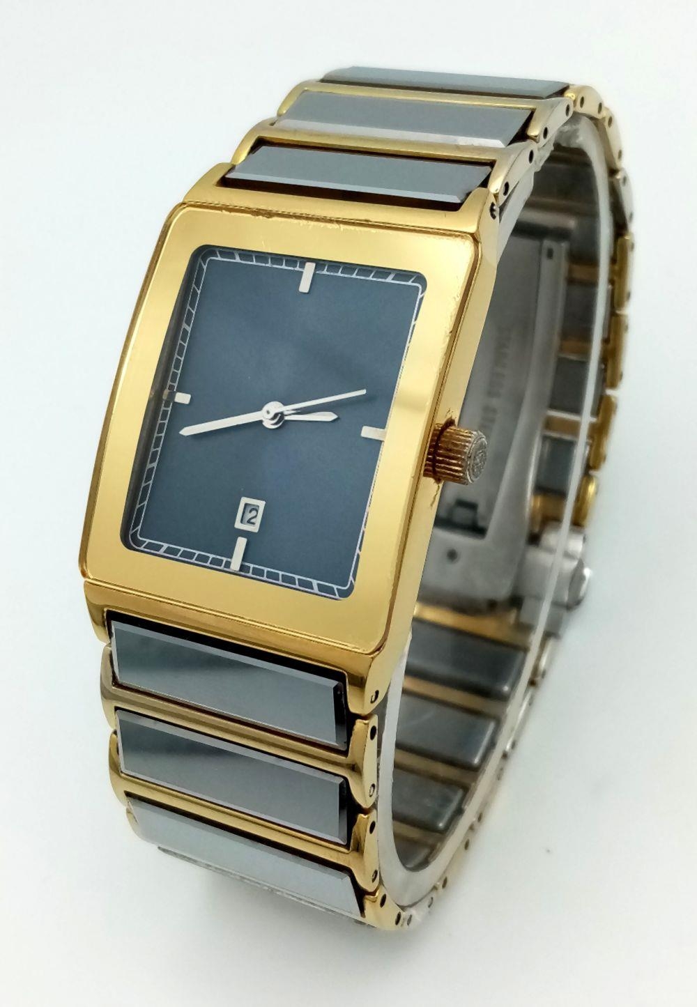 A Men’s Two-Tone Tank Style Quartz Date Watch by Tungsten Model TU0088. 28mm Case. New Battery