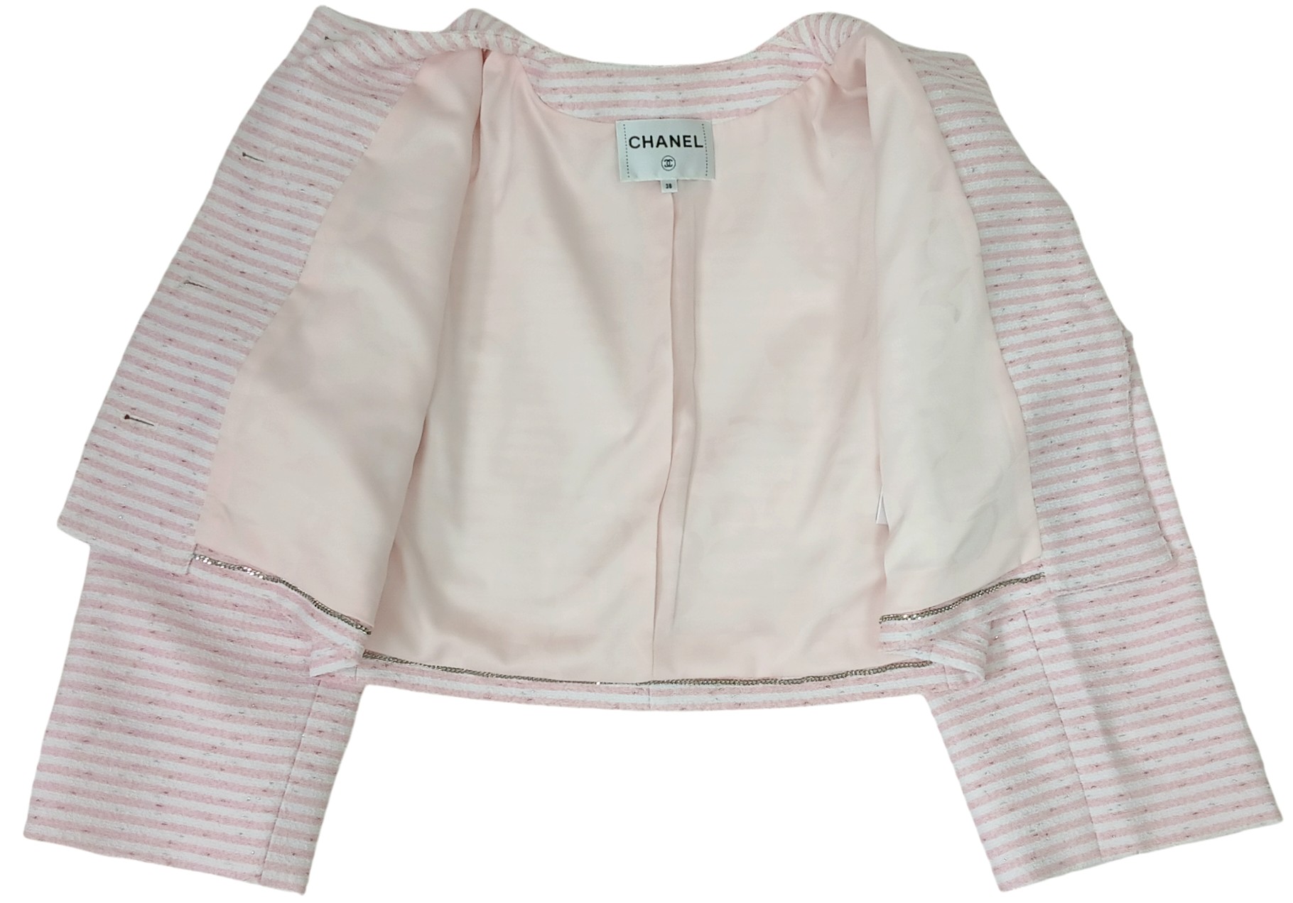 A Chanel Pink and White Striped Cropped Jacket. Cotton, polyamide, and wool blend exterior with - Image 16 of 32