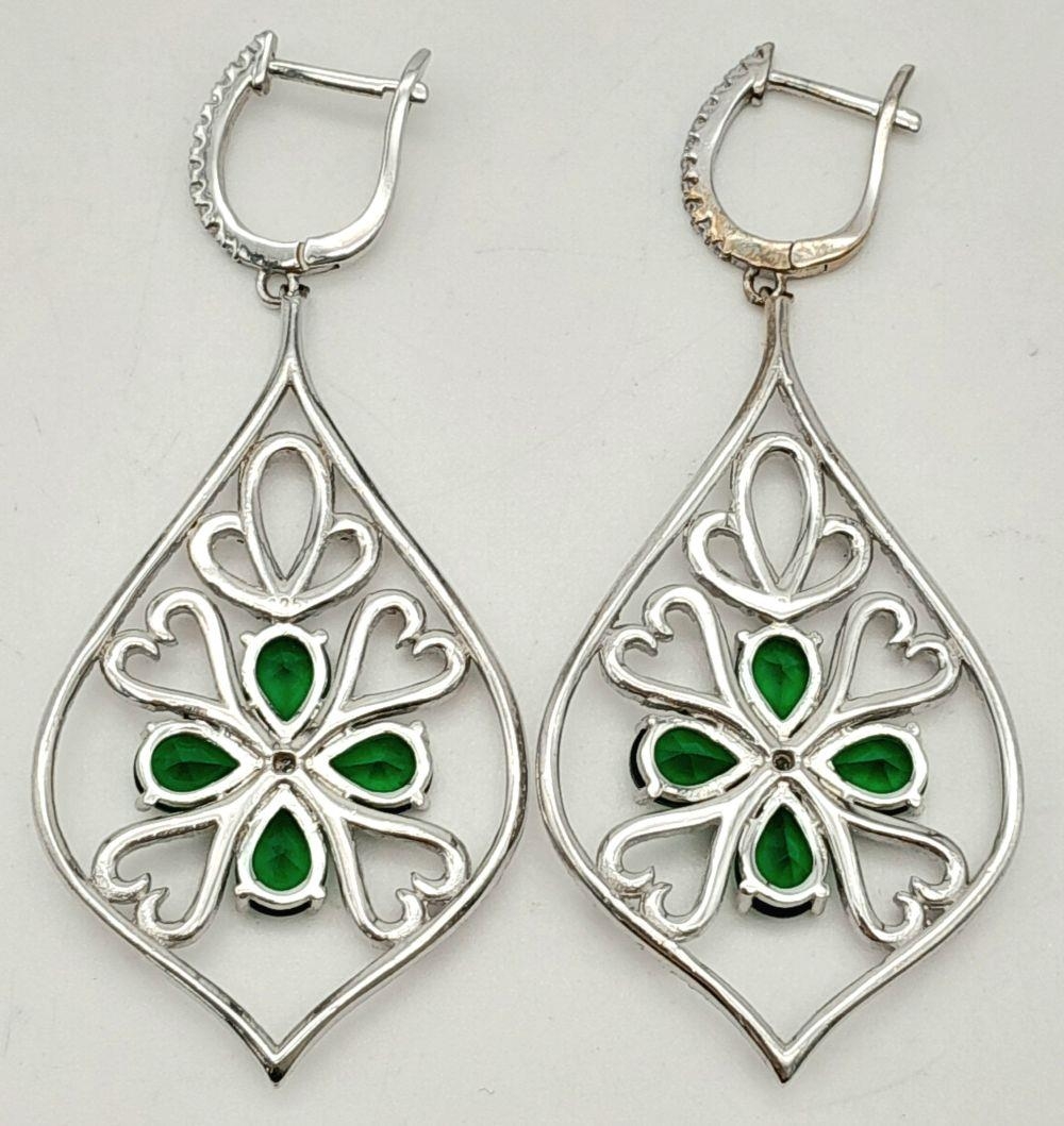 A Pair of Sterling Silver Green Stone Antique-Style Earrings. 5cm drop. 13.2g total weight. - Image 3 of 5