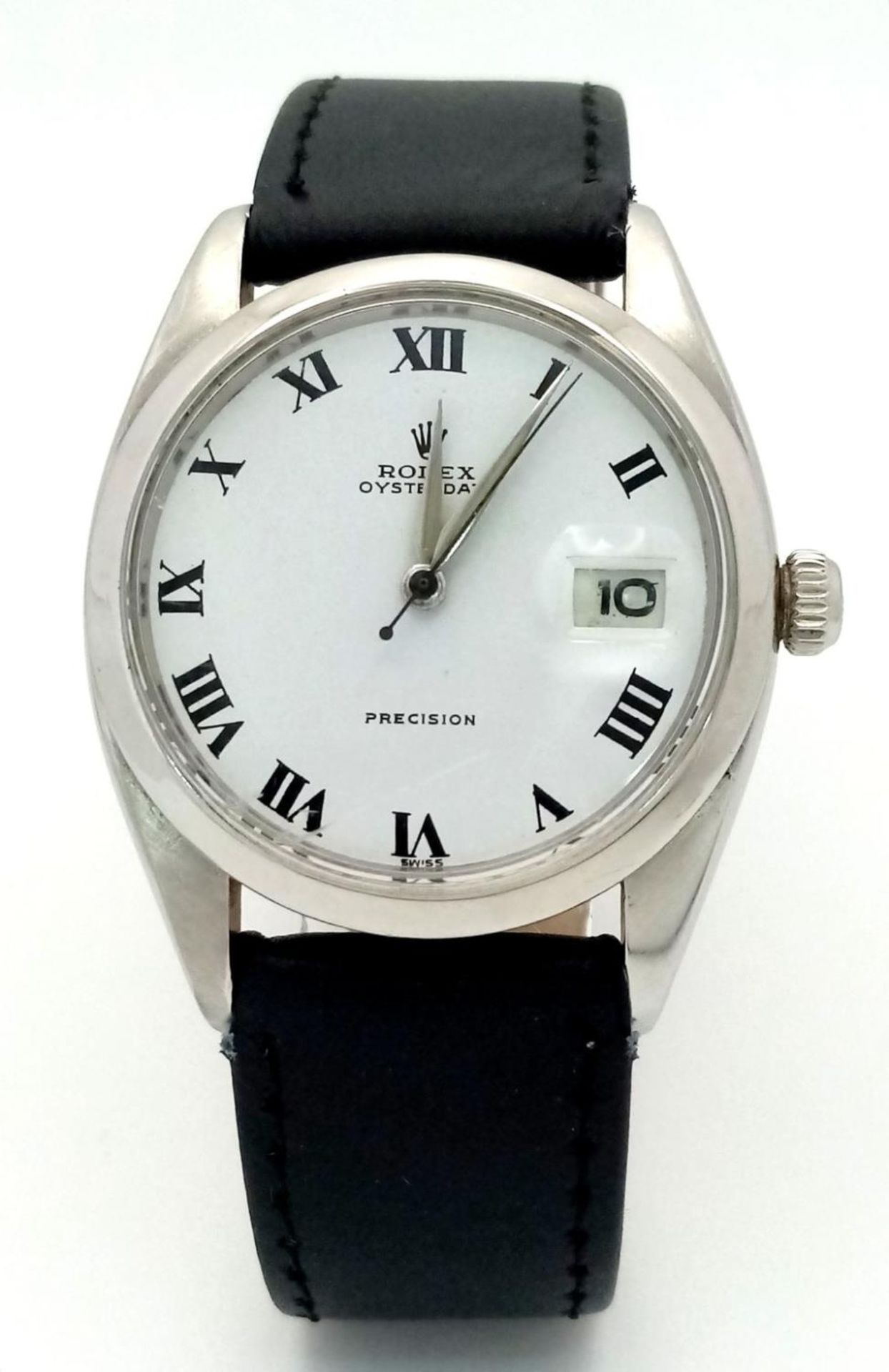 A Vintage Rolex 6694 Oysterdate Precision Gents Watch. Black leather strap. Stainless steel case -