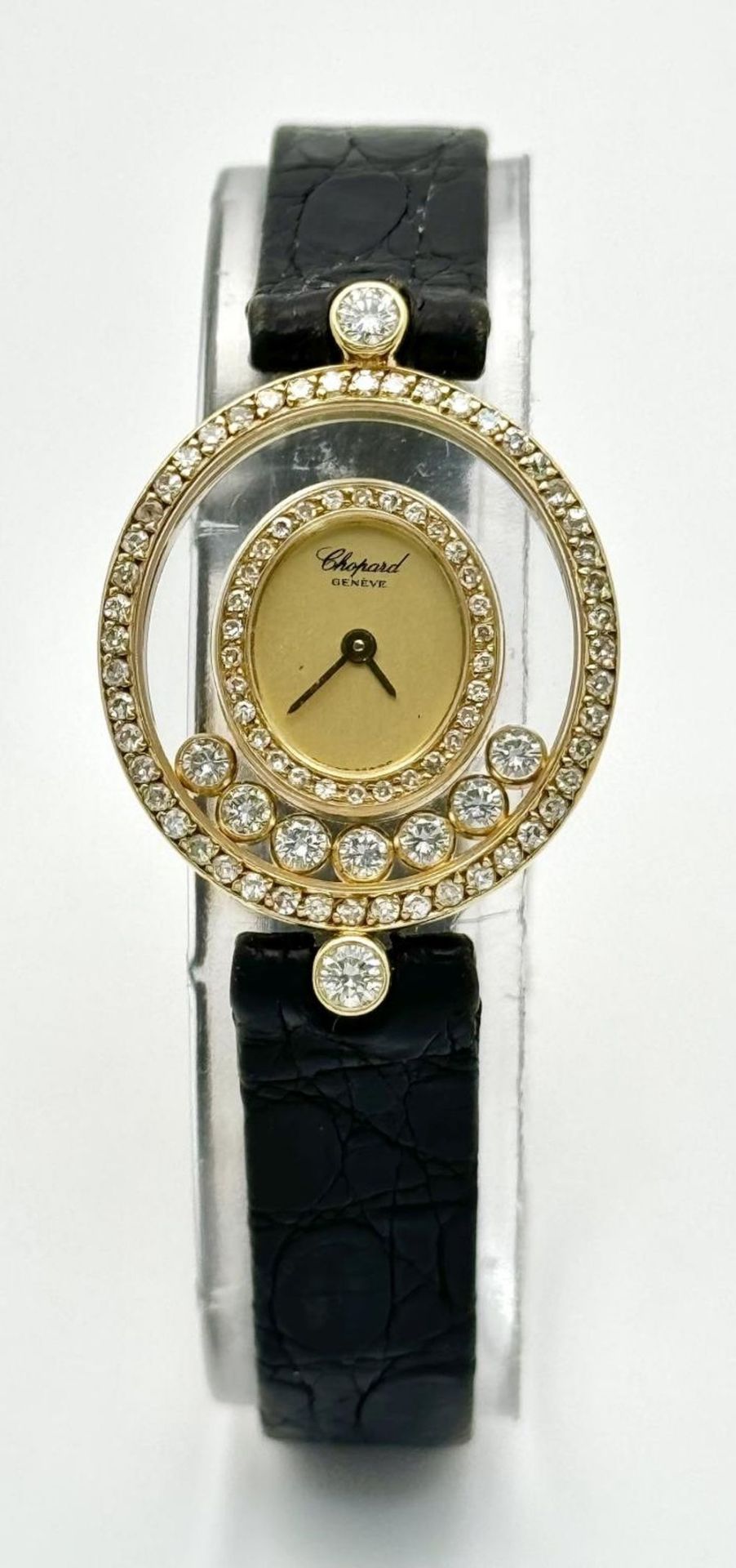 A Chopard Happy Diamond Ladies Watch. Blue leather strap. 18K Gold case with six floating diamonds - Bild 3 aus 13