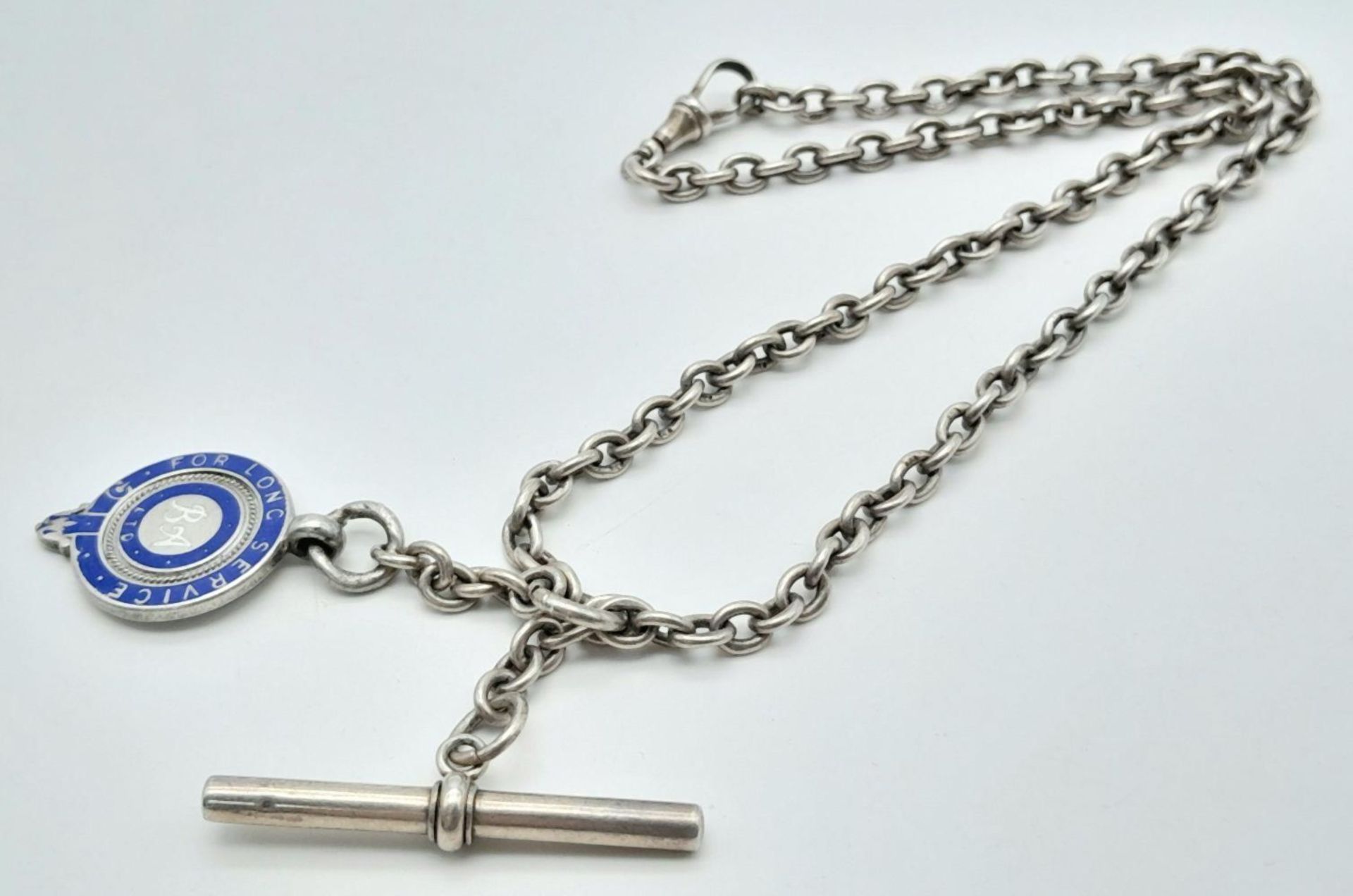 A silver double Albert watch chain with fob and T-bar. 40.5cm in length and 28.6g total weight. - Bild 2 aus 7