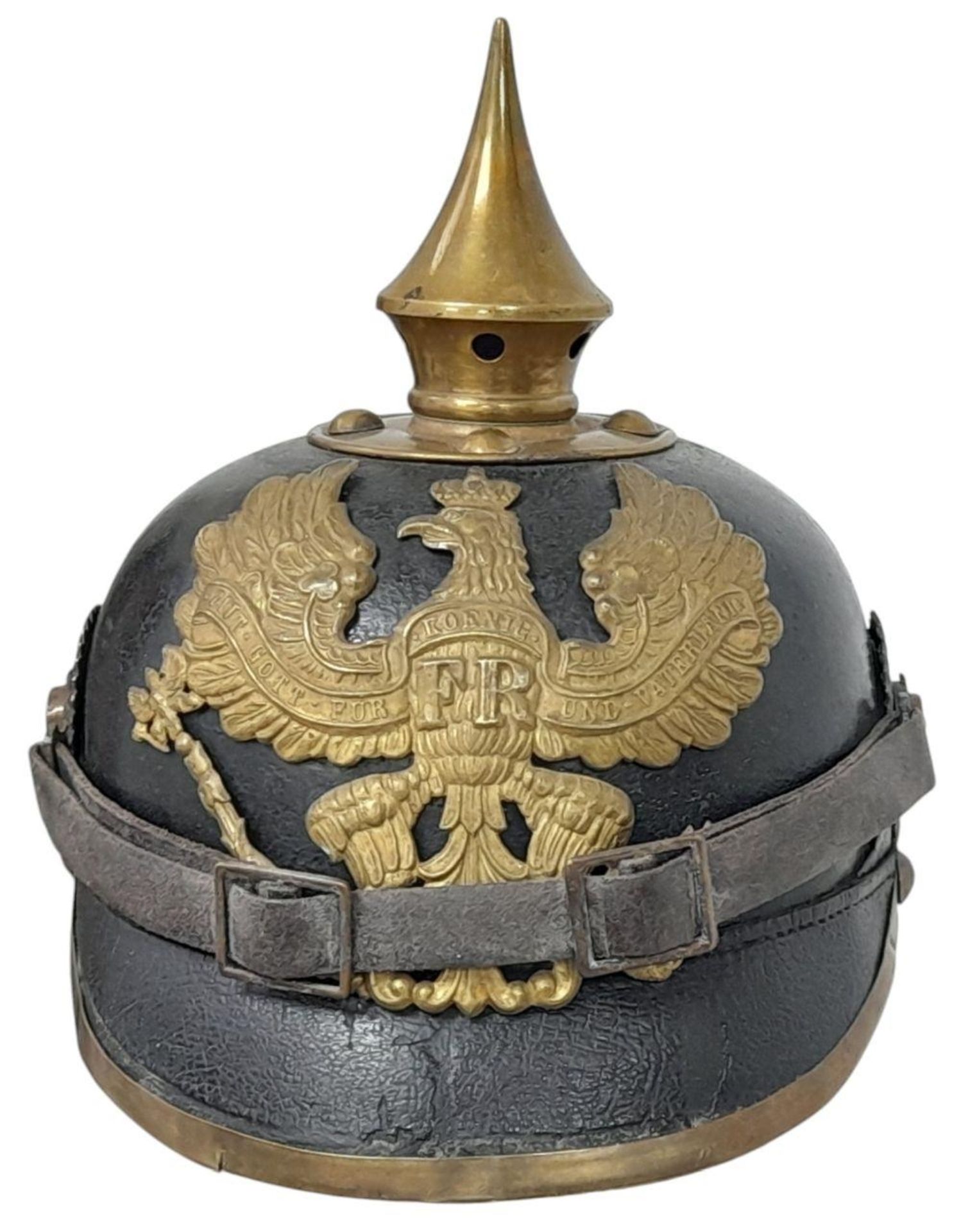 A WW1 Imperial German Model 1895 Enlisted Mans/Nco’s Pickelhaube. Dated 1896 with markings to the